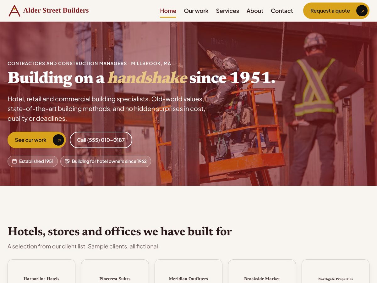 Home page of Alder Street Builders, a fictional example site