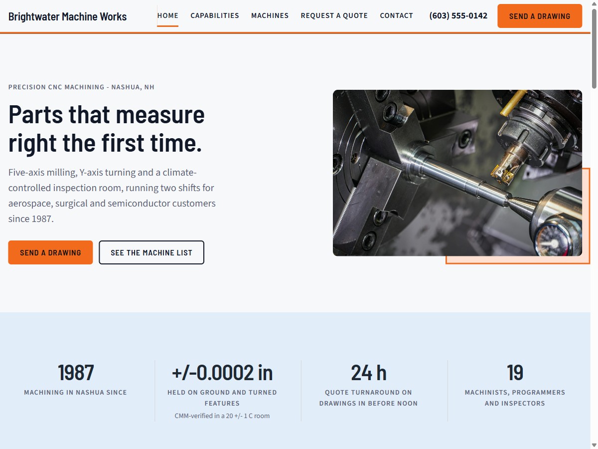 Home page of Brightwater Machine Works, a fictional sample site
