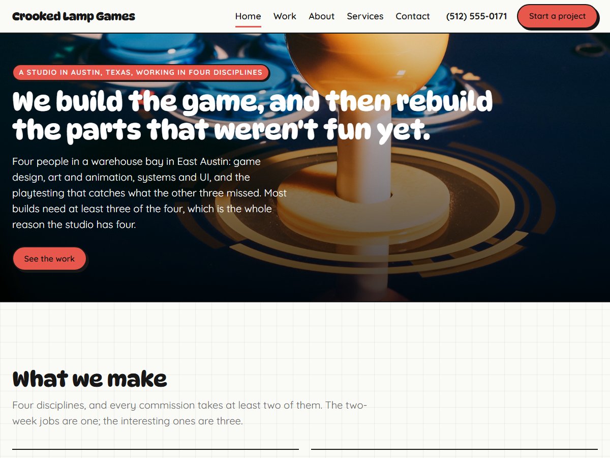 Home page of Crooked Lamp Games, a fictional sample site