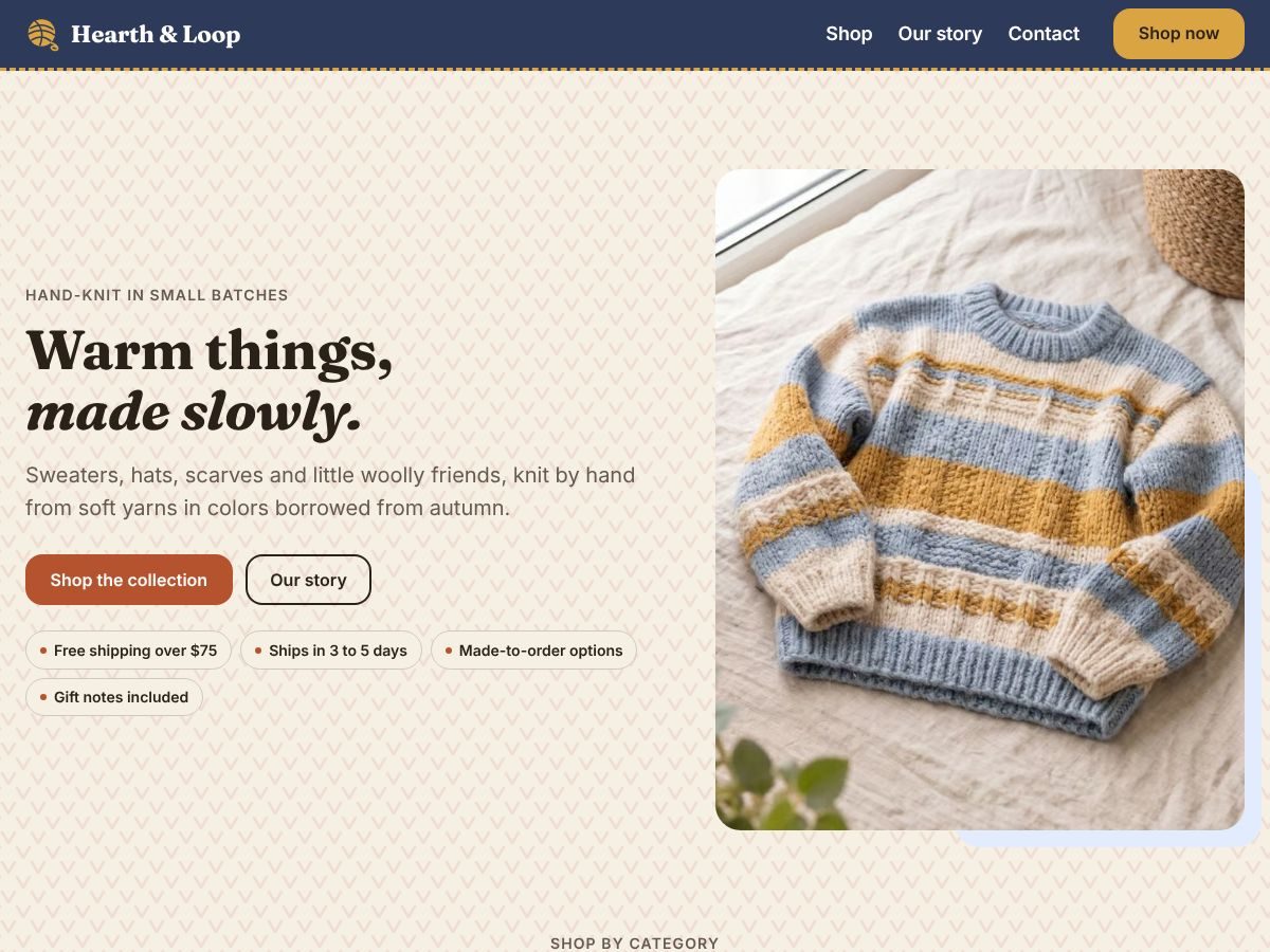 Home page of Hearth & Loop, a fictional example site
