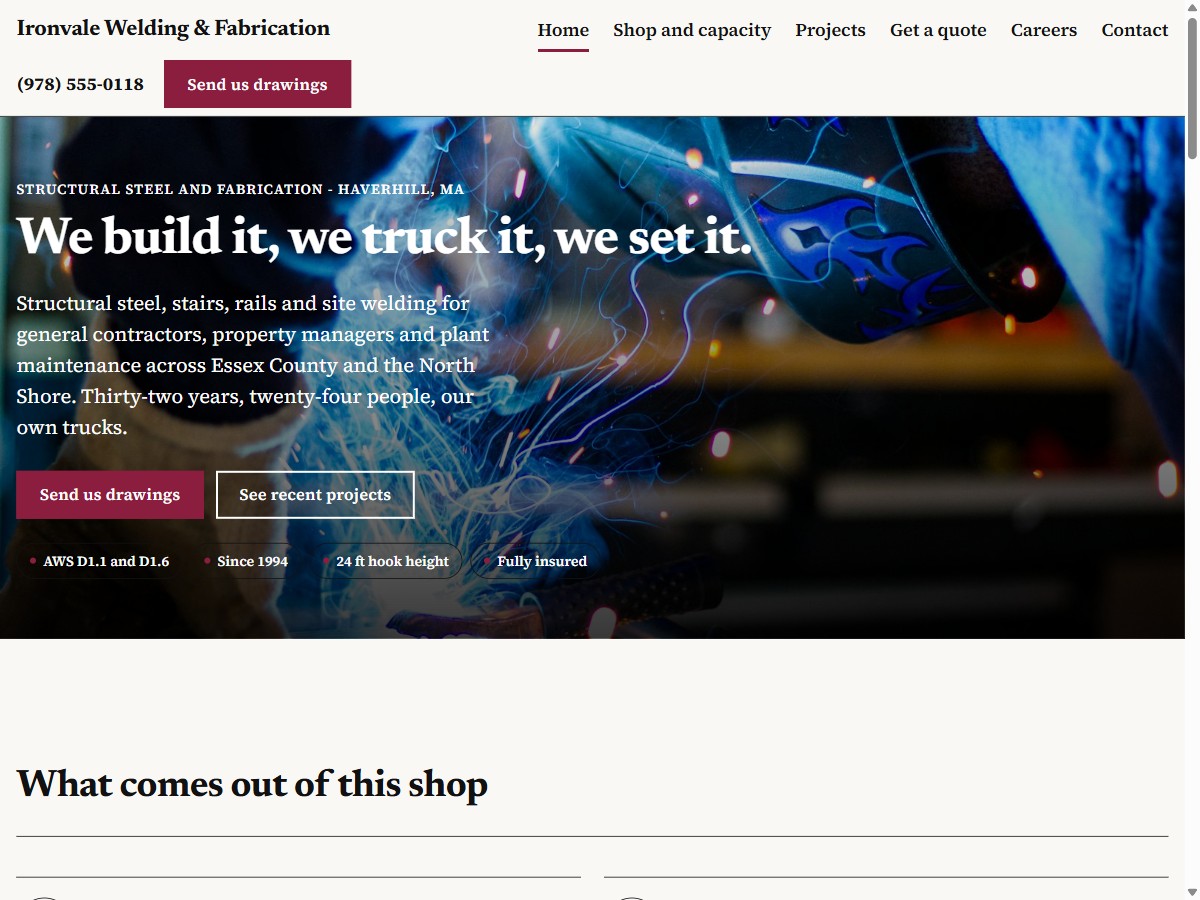 Home page of Ironvale Welding & Fabrication, a fictional sample site