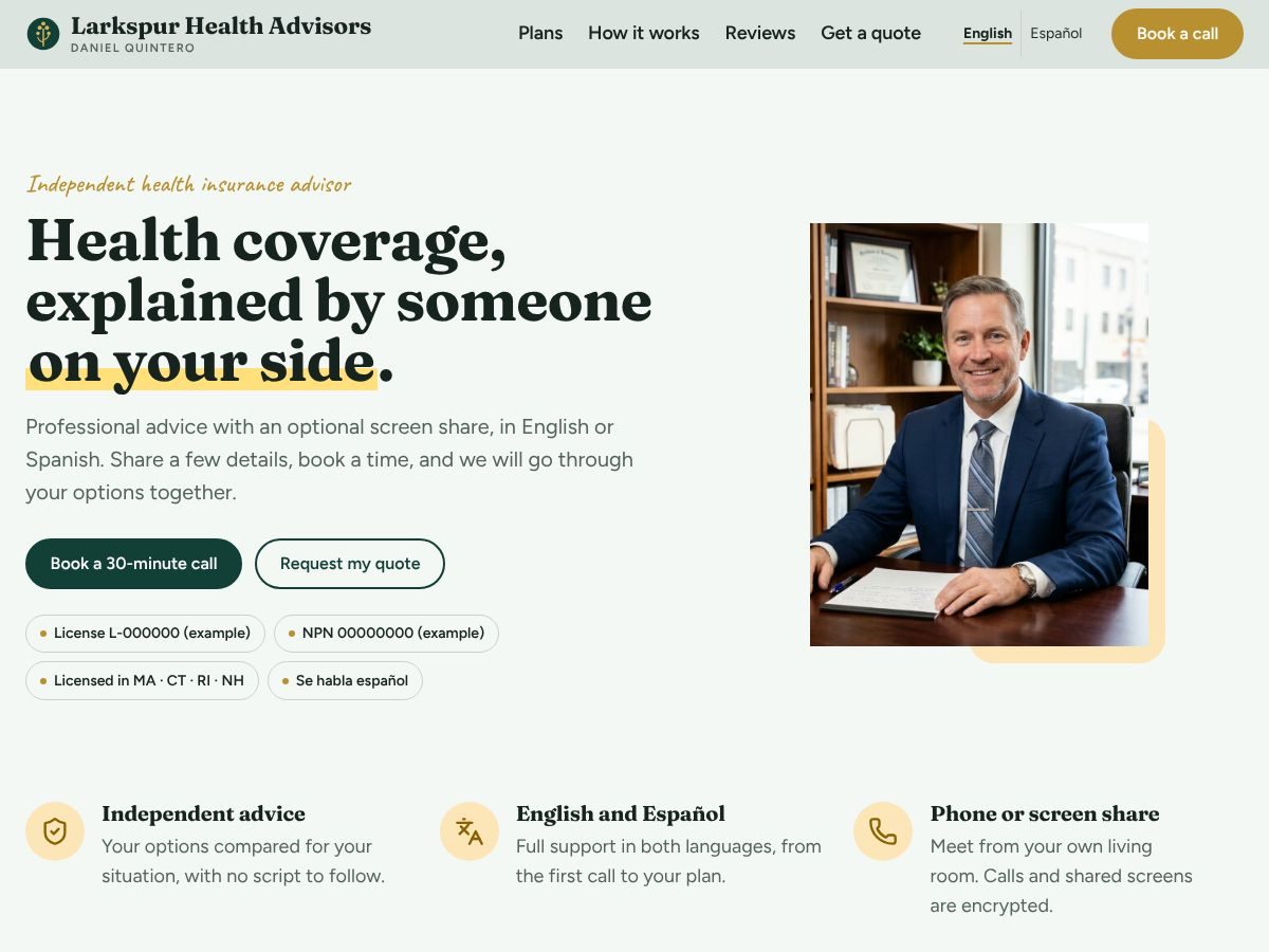 Home page of Larkspur Health Advisors, a fictional example site