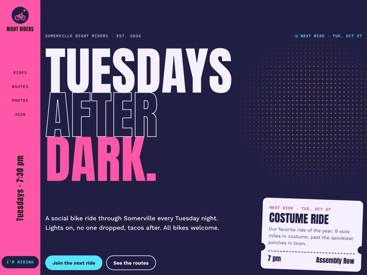 Home page of Night Riders, a fictional example site
