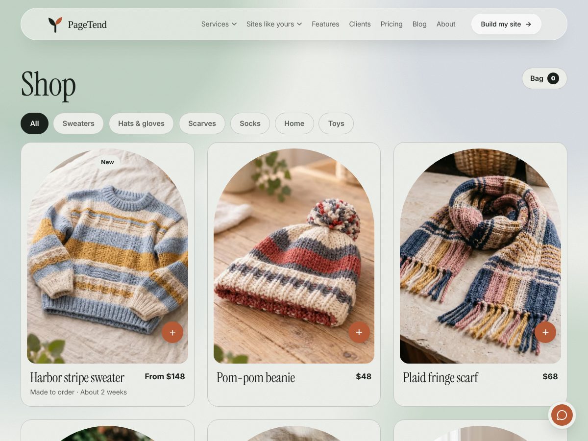 Home page of the PageTend shop demo, a fictional example site