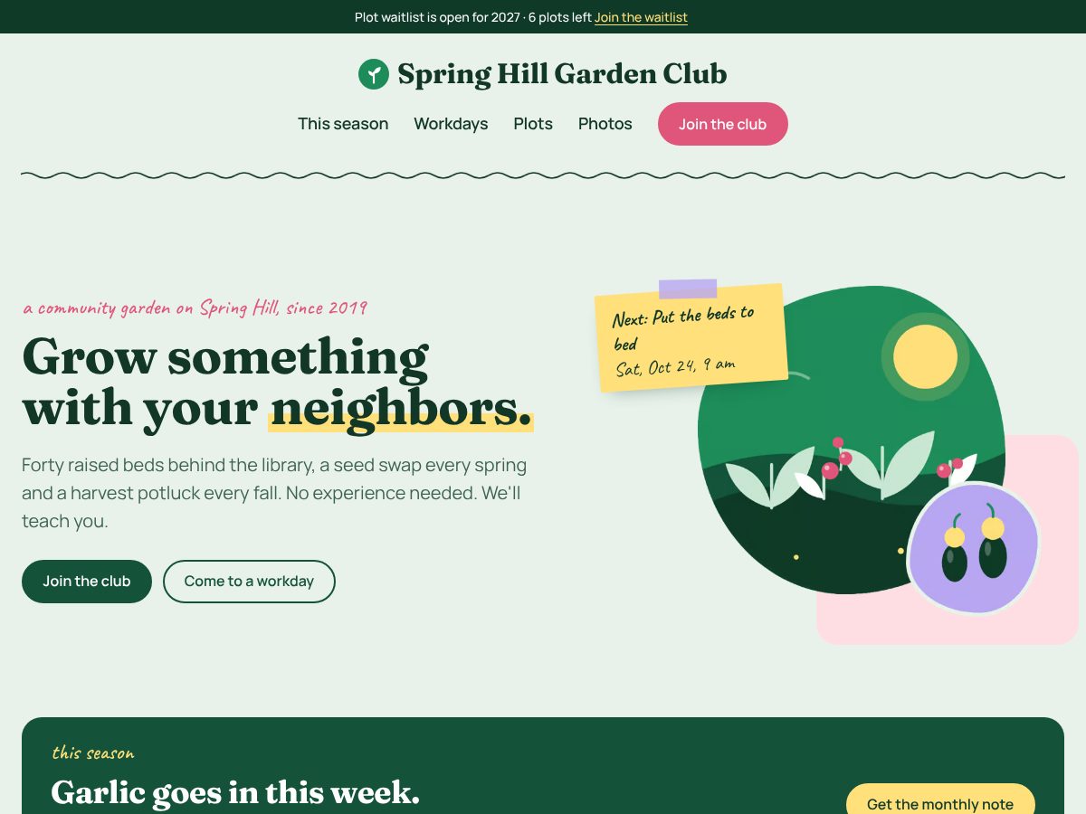 Home page of Spring Hill Garden Club, a fictional example site