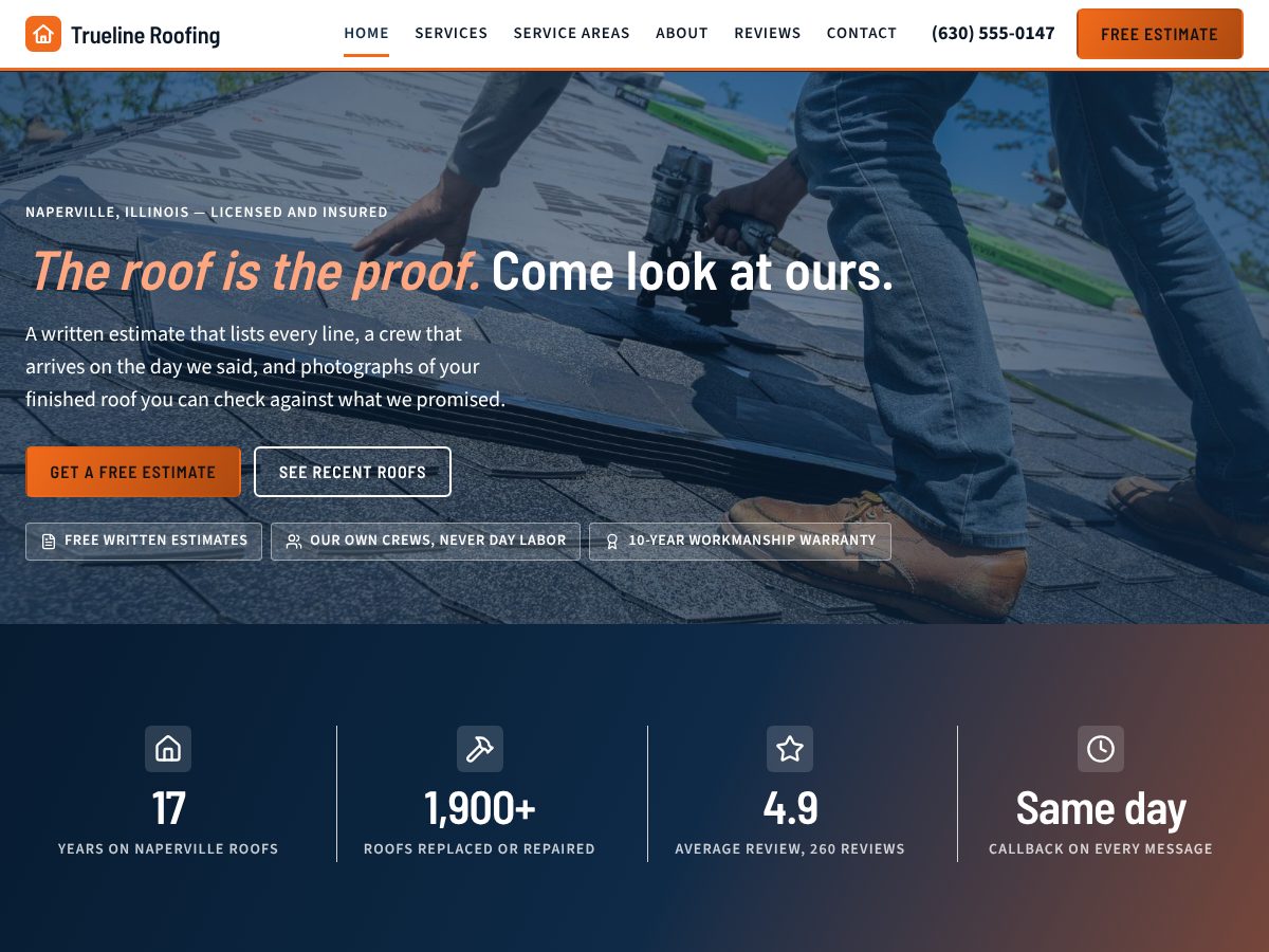 Home page of Trueline Roofing, a fictional example site