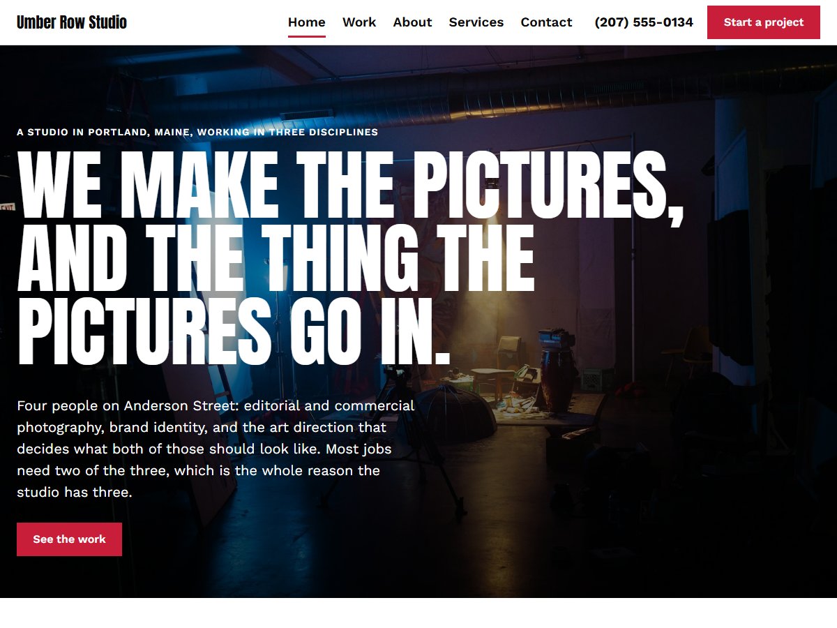 Home page of Umber Row Studio, a fictional sample site