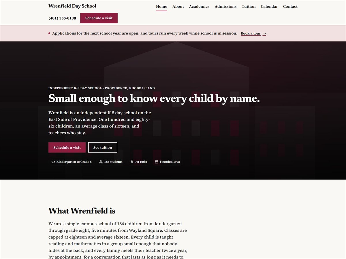 Home page of Wrenfield Day School, a fictional sample site